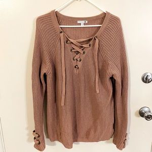 Knit v-neck dusty rose sweater w/lace up detail